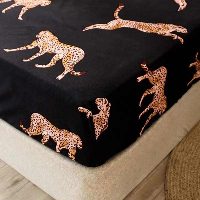 Bonenjoy Sábana de 3 piezas con elástico Leopardo Color negro s Single/Queen/King draps de lit ajustada 220514