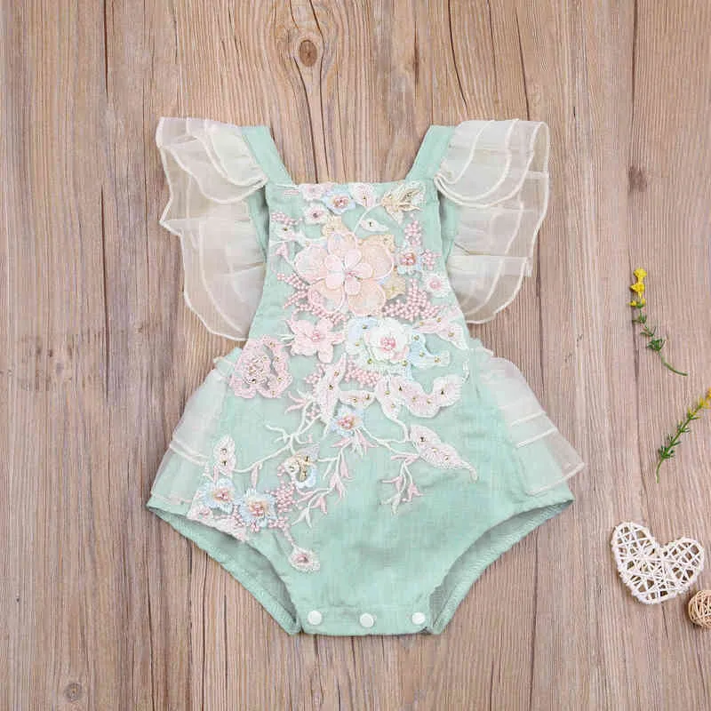 Summer Baby Toddler Girls Jumpsuit Spädbarn Nyfödda Baby Girls Short Sleeve Lace Floral Rompers kläder G220521