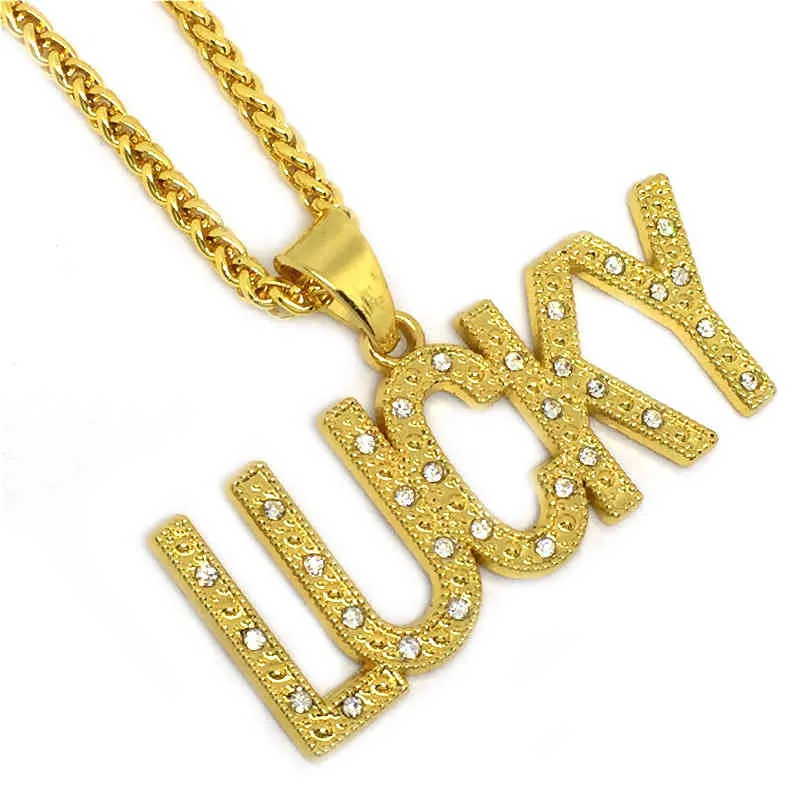 Colliers avec pendentifs porte-bonheur en cristal avec lettres dorées, bijoux scintillants, cadeaux pour hommes et femmes, breloque Hip Hop, chaînes en strass, bonne chance