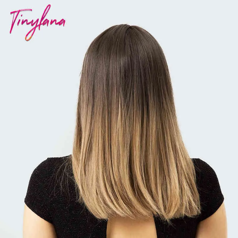 Perucas de cabelo sintéticas longas e retas com estrondo para mulheres ombre marrom perucas loiras marrom penteado bobo panor