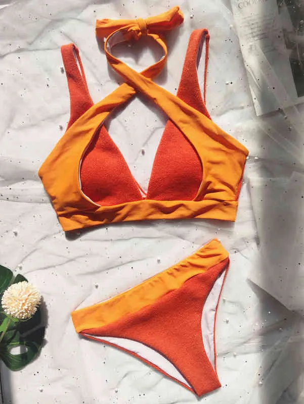 2022 Orange Splicing Halter V Neck Bikini Femme Maillot De Bain Femmes Maillots De Bain Deux Pièces Bikini Set Bather Maillot De Bain Swim Y220420