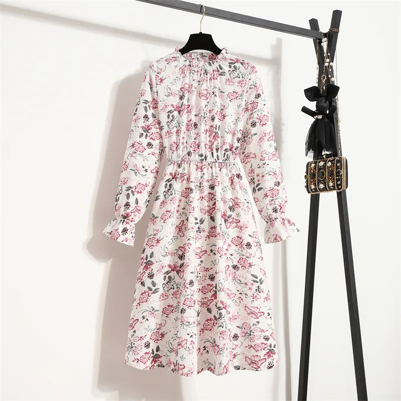 Women's Chiffon Dress Female Vintage Floral Printed Long Sleeve Half Turtleneck Midi Dresses Spring Autumn Flare Sleeve Vestidos 220317