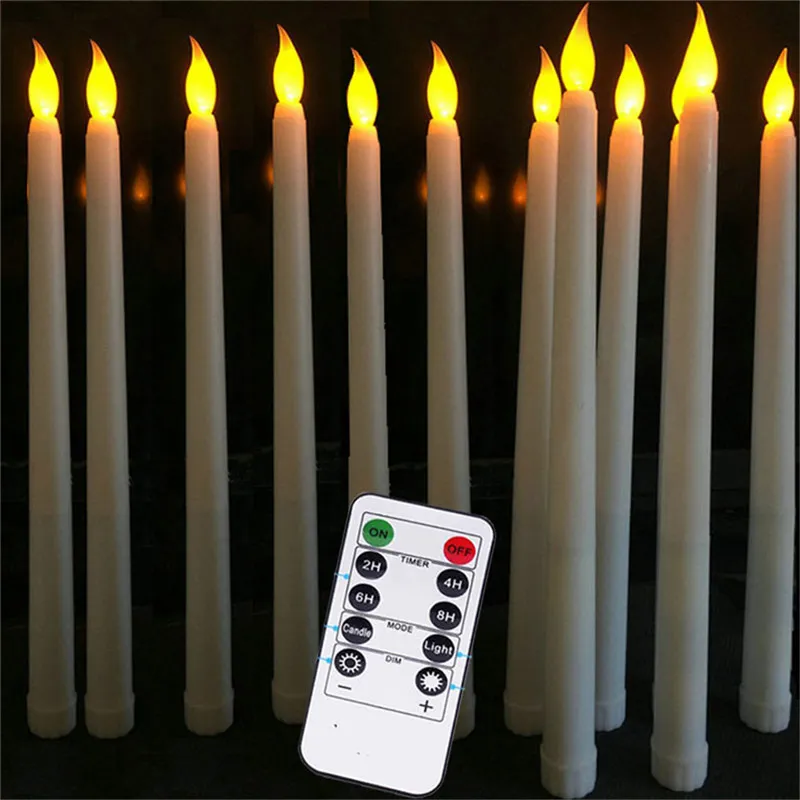 Pack of 12 Warm White Remote Flameless LED Taper Candles Realistic Plastic 11 inch Long Ivory Battery Operated Candlestic 220606272r