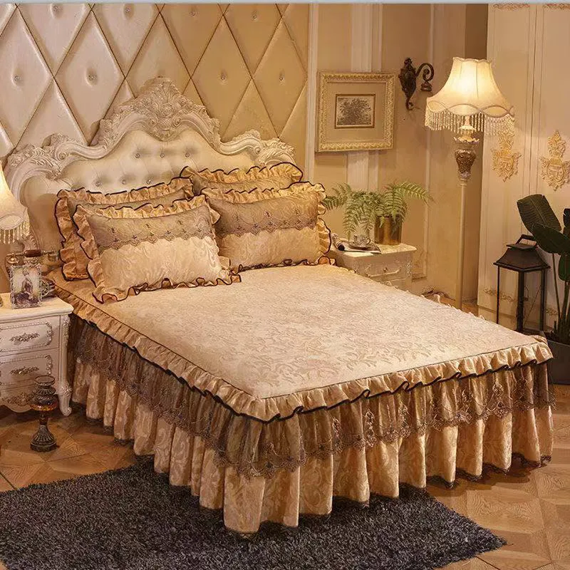 Ensemble de 3 pièces, jupe de lit en velours gaufré de bonne qualité, 1 pièce, couvre-lit en molleton de corail élégant, romantique, 2 taies d'oreiller incluses 2205312422890