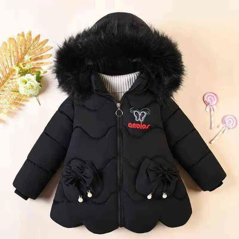 1-6年冬の太い暖かい女の子コートファー襟フード付きウィンドブレイカージャケット