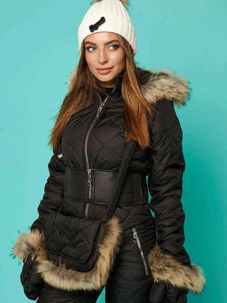 Ski Jumpsuit Women Winter Ytterkläder Ski Overalls Elastic Midje dragkedja Outfit One Piece Snowboard kostym Päls krage Huven Snowsuit L220730