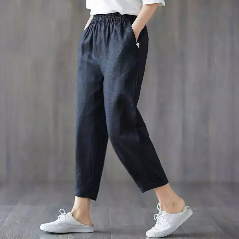 Rimocy coton lin pantalon femmes printemps été couleur unie Harem femme taille élastique lâche pantalon décontracté dames 220725