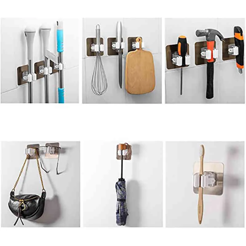 Multi-purpose Hooks Mop Holder Wall Mounted Organizer Broom Hanger Kitchen Bathroom Waterproof Self-adhesive