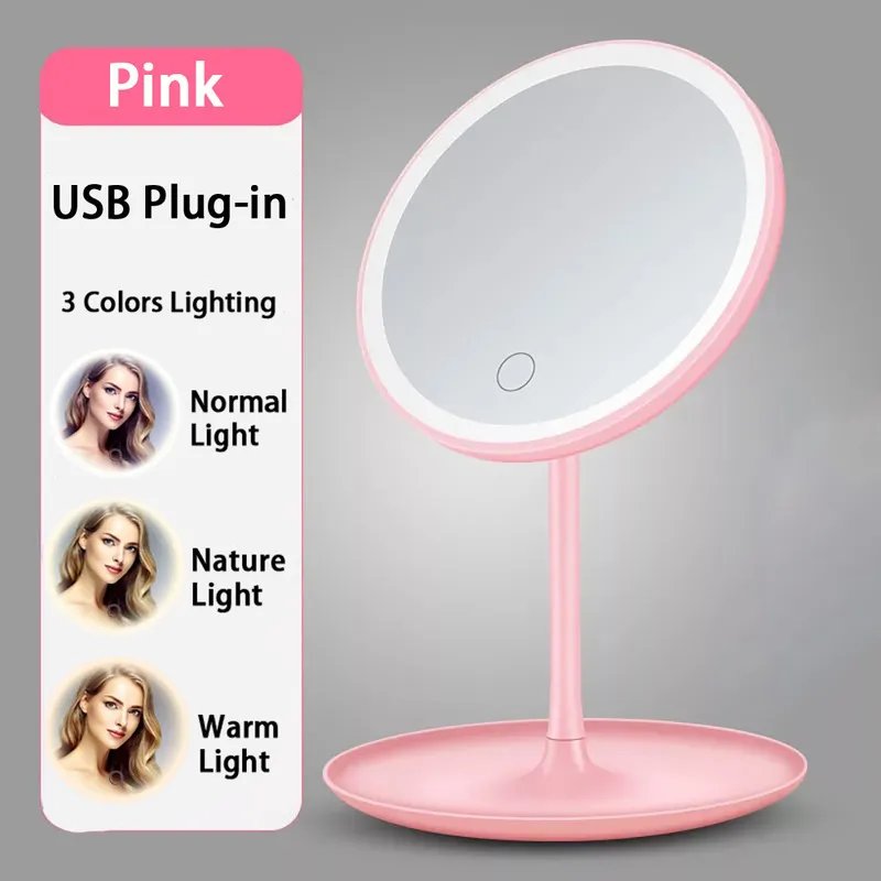 Led Light Makeup Mirror 3 Couleur LED Face Storage Réglable Tactile Gradateur USB Vanity Table Desk Cosmetic 220509