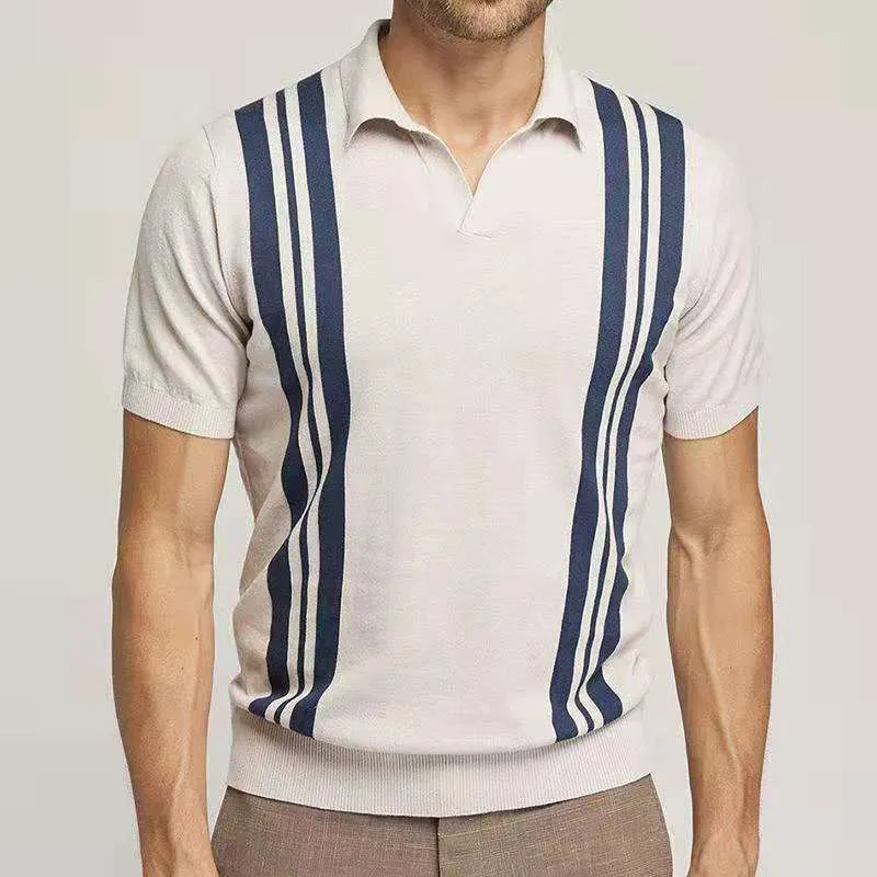 Polo vintage da uomo stampa a righe patchwork maglia casual bavero pullover moda estiva manica corta slim 220615
