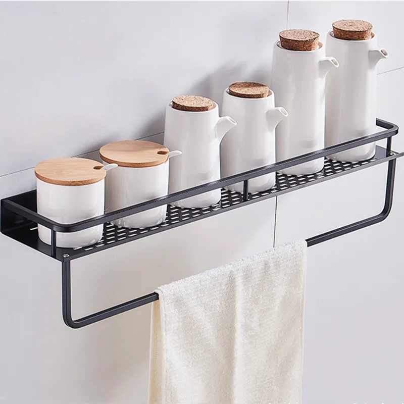 Bathroom Shelf Black Aluminum WallMounted Square Shampoo Holder Cosmetic Shelves Kitchen Nets Shelf Storage Rack Organizer Rack 220527