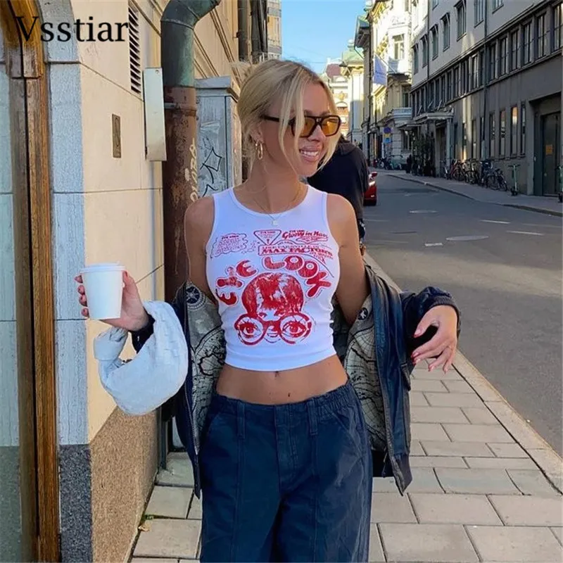 Vsstiar Estate Y2K Crop Top Fashion Stampato Ritratto Harajuku Streetwear Abbigliamento donna O Collo Sexy Tube Tie Dye Serbatoi 220318