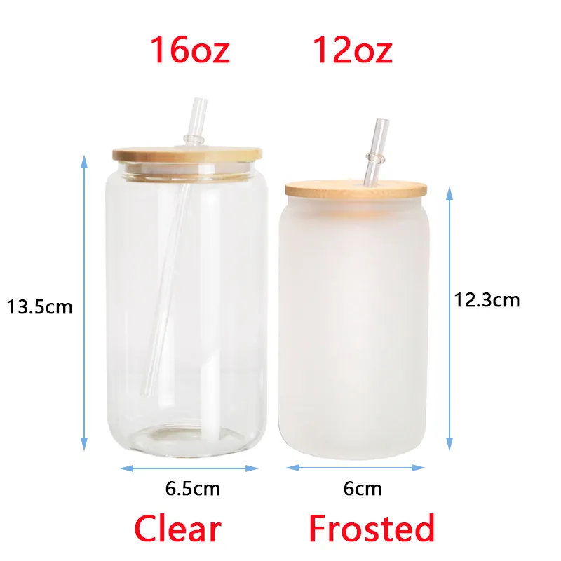 US CA Sublimation 16oz Gradient Glass Cups Can Tumbler with Bamboo Lid Straw Beer Iridescent Mug Transparent Frosted Soda Drinking