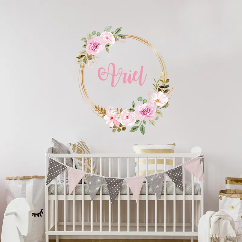 Nome personalizzato Peony Flowers Girl Nursery Wall Stickers Peel and Stick Decalcomanie in vinile Baby Kids Room Interior Home Decor Regali 220607