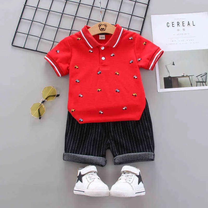 Summer Baby Short Sleeve Polo Shirt + Shorts Cartoon Car Print Clothing Kids Suit Cotton Lapel Boy Suit för 0-3 år gammal G220509