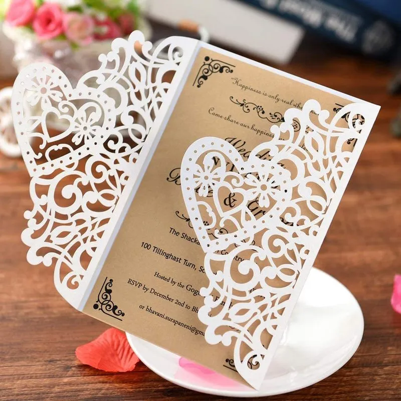 Hochzeitseinladungen Karten Laser Cut Love Heart Vintage Decor Geschenkgrußkarte RSVP anpassen Partyzubehör 220711