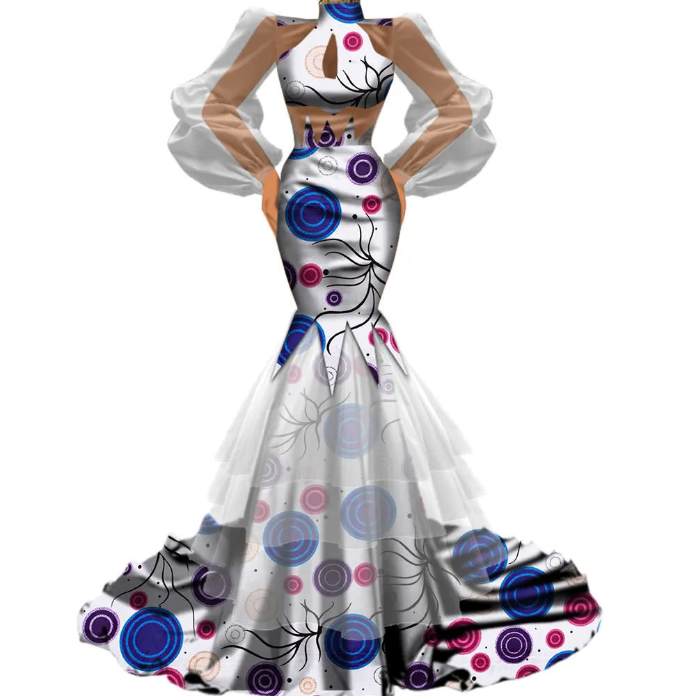 BintaRealWax New Design Women Elegant Bodycon High qualityTutu Tulle Gauze Patchwork African Fabric Wedding Party Skirt Dresses WY4720