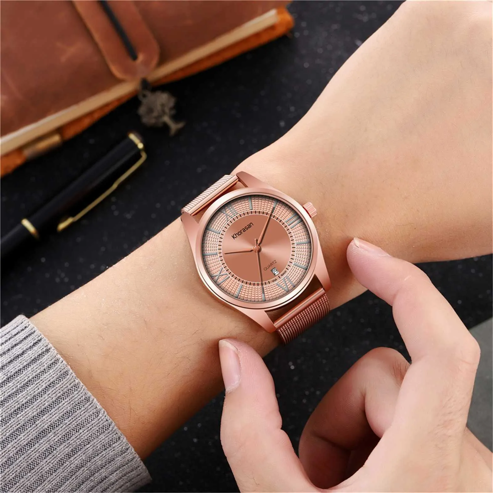 Quartz Watch Roman Numerals Stainless Steel Mesh Strap for Men 2022 Trend Korean Fashion Wristwatch