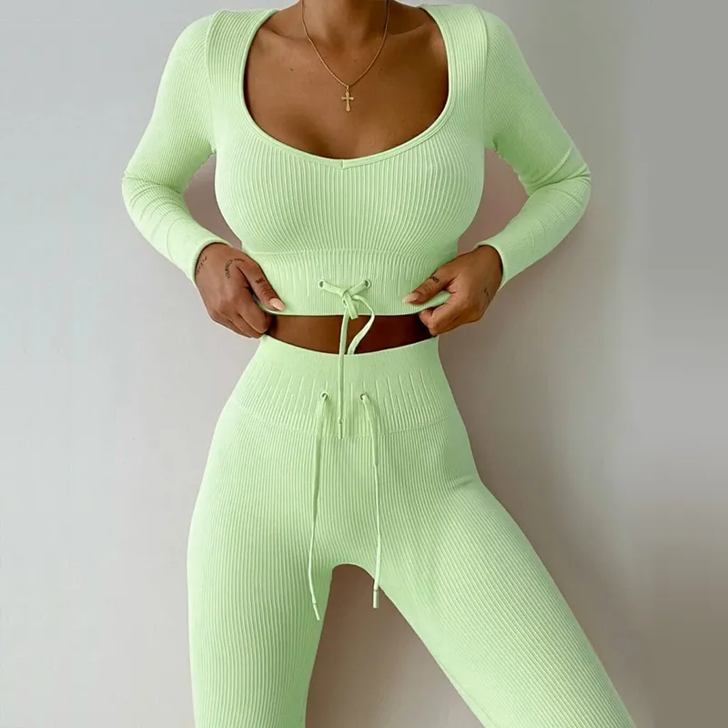 Yoga set kvinnor sömlösa långa ärmar gröda toppar höga midja leggings elastiska band fitness sportkläder gym passar tight workout kostym 220330