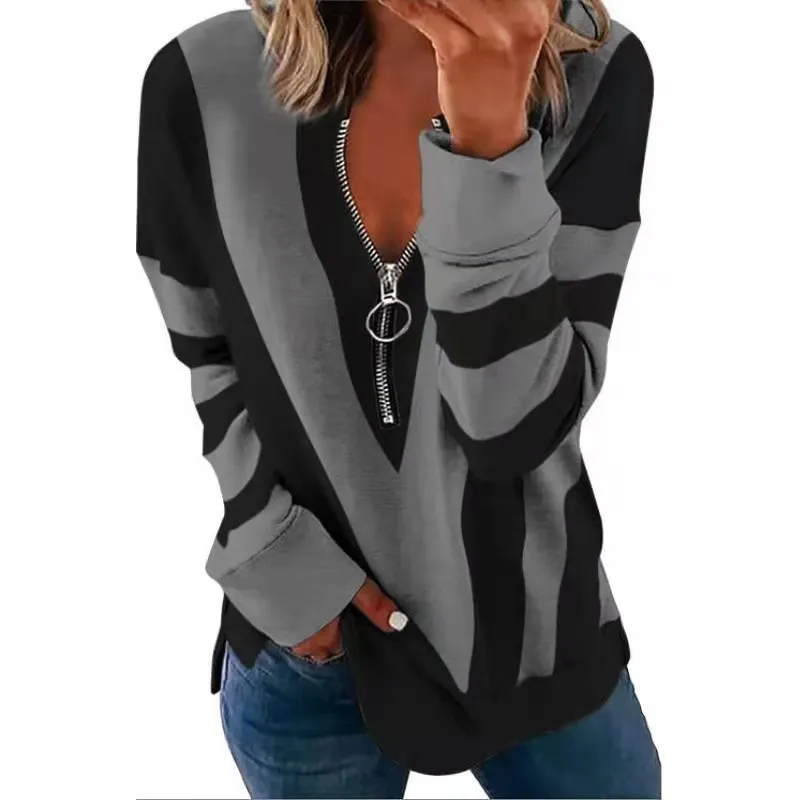 Höst och vinter Toppar Kvinnors V-Neck Zipper Stripe Printing T-shirt Långärmad Casual Plus Storlek Pullover Ladies Topp 220407