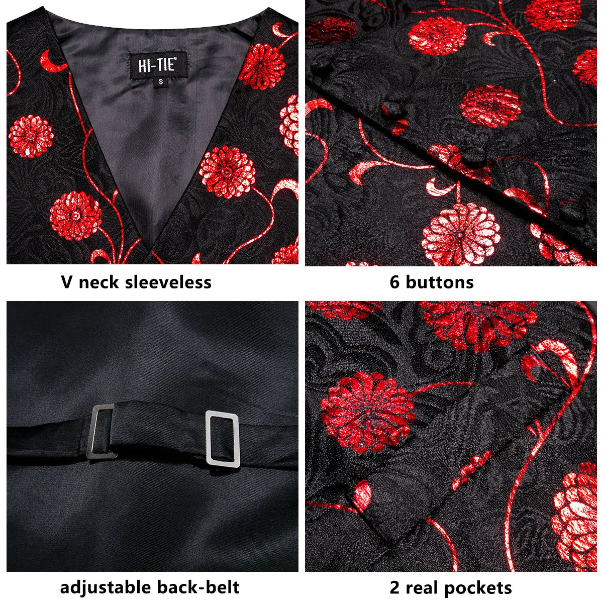 Hitie erkek smokin yelek siyah kırmızı çiçek resmi takım elbise yelek kolu mendil manşetleri düğün için ayarlanır9097065