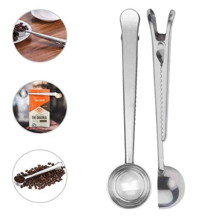 Coffee Spoon Stainless Steel Kitchen Supplies Scoop With Bag Seal Clip Coffee Measuring Spoon