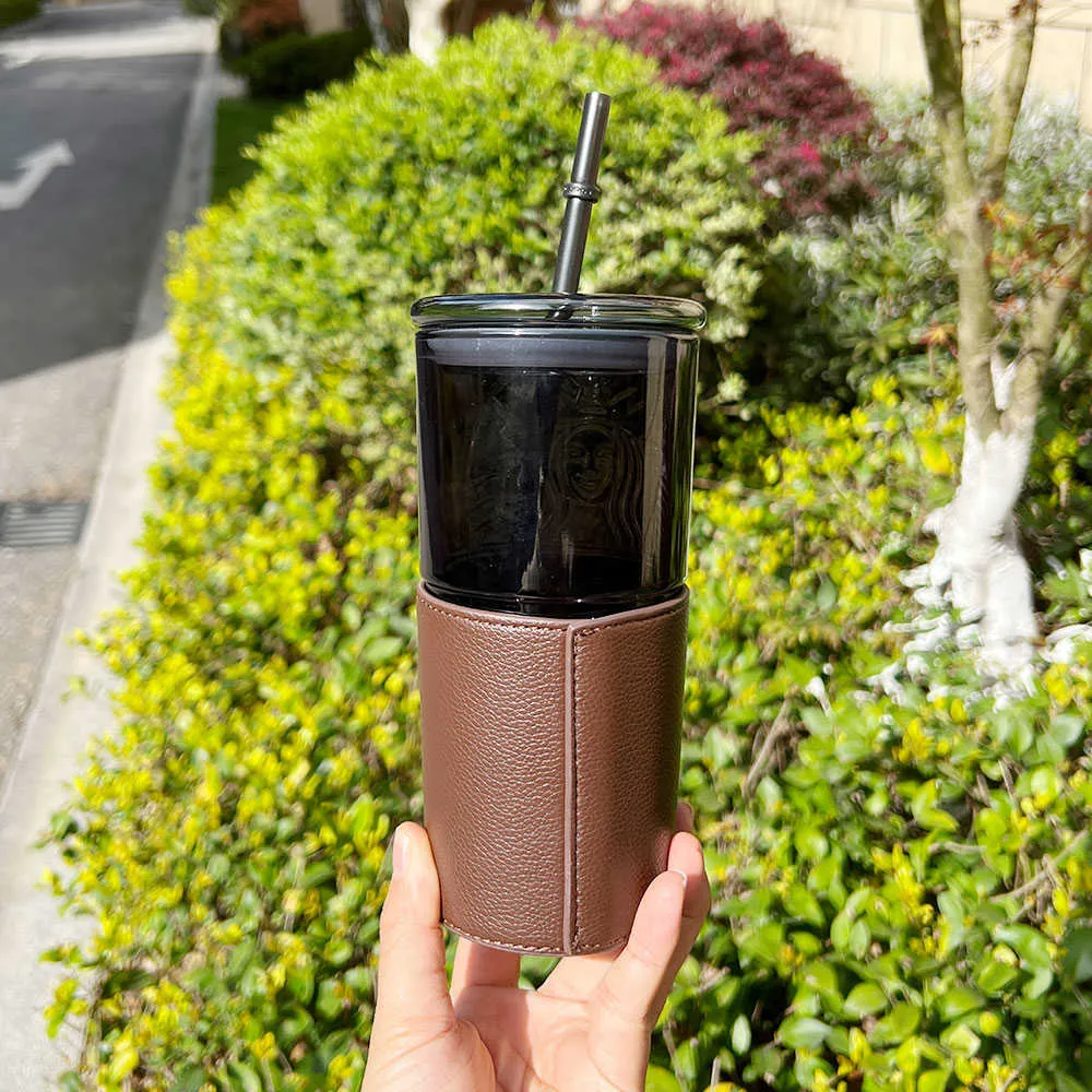 Tazza acqua Starbucks di grande capacità, estiva, la festa del papà, con copertura in pelle nera e paglia di vetro, 550 mlNNTK