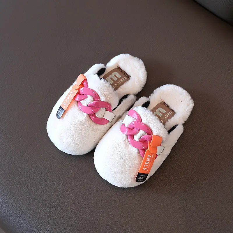 Детские тапочки, детская зимняя теплая цепочка с закрытым носком, обувь на плоской подошве из искусственного меха для девочек, пушистая домашняя обувь 220421
