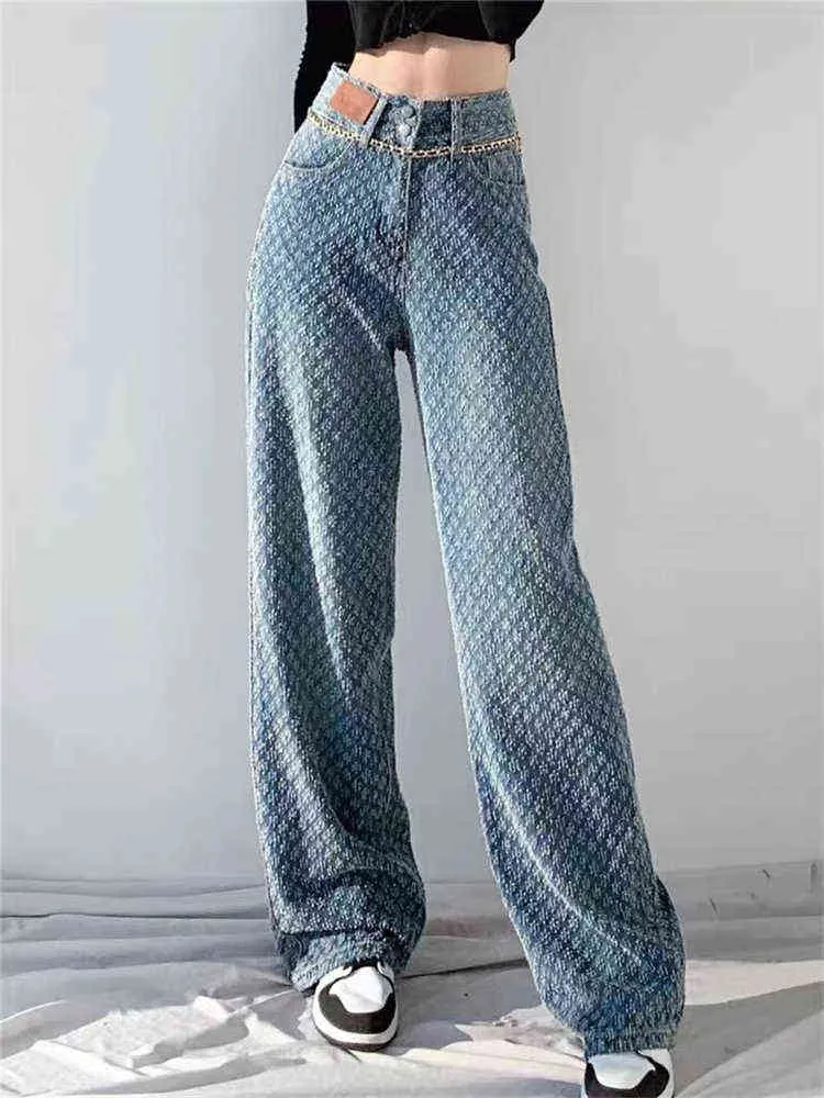 Чистого жаккардового широкого ноги голубые джинсы Женщины лето, старый дизайн полный отпечаток с высокой талией тонкие прямые джинсовые штаны L220726