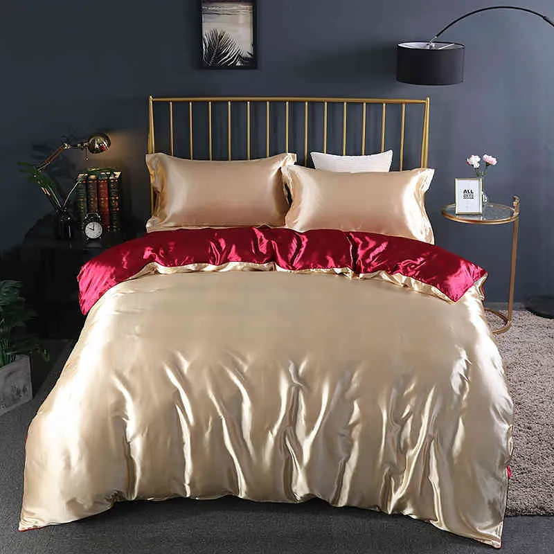 Mulberry Silk Luxury Bedding Set com folha ajustada 100% de cetim house de couette macio liso colorido de cor sólida tampa