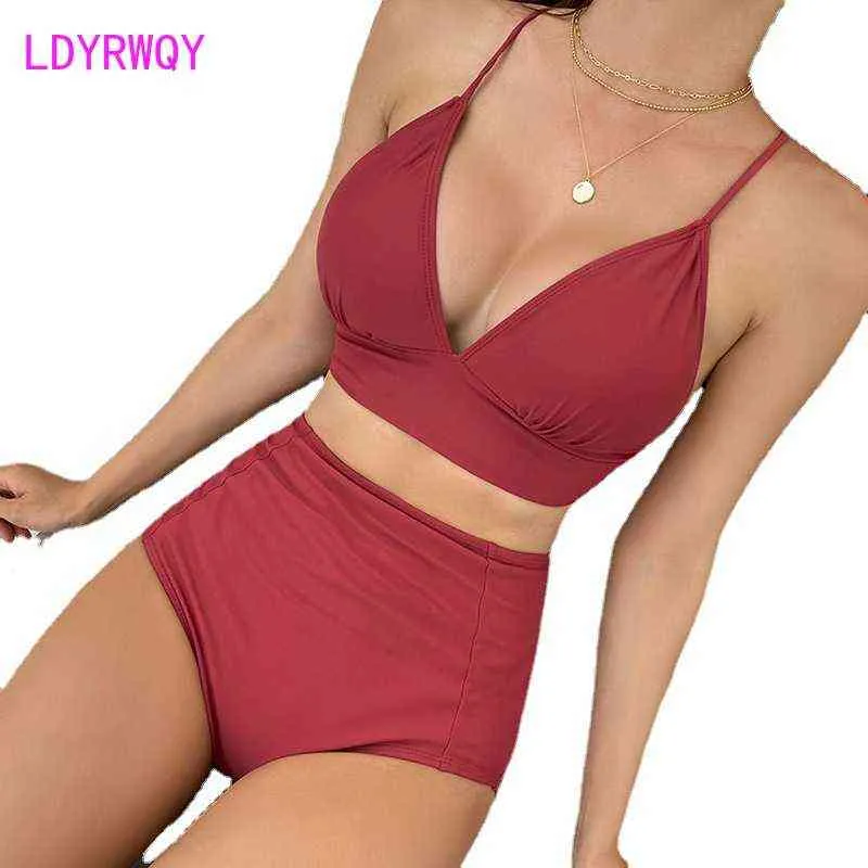 LDYRWQY 2021 NIEUWE Japans en Koreaans Effen Kleur Hoge Taille Sexy Big Borsten Verzamel Strappy Bikini Badpak Tweedelige Suit Y220420