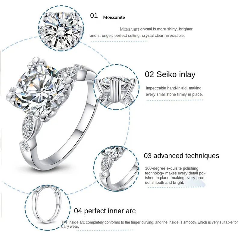 Moda 925 Anéis de prata esterlina 10mm 3CT Rodado de noivado Ringos de diamante altos alimentos de casamento para casais 220713