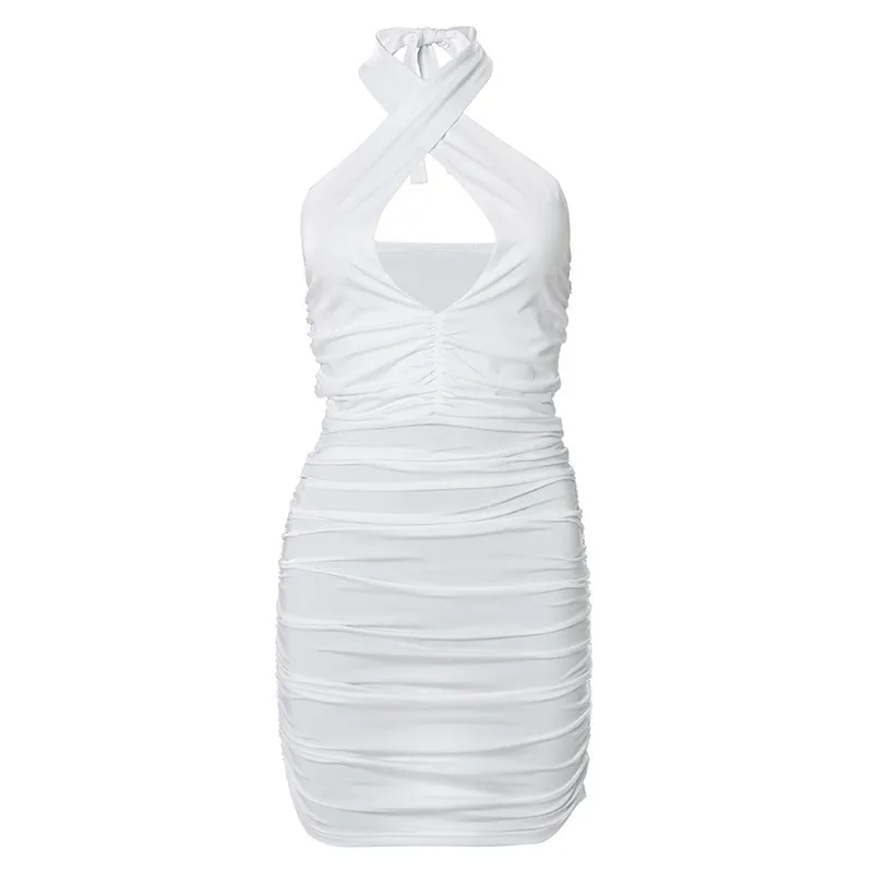 Zhymihret White Cross Halter Ruched Women's Dress Summer hollow Outバックレスセクシーなドレスクラブパーティーナイトウェア220406