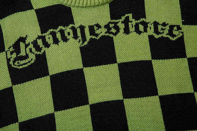 Män hiphop stickade jumper tröjor vintage checkerboard jacquard streetwear harajuku höst hipster casual lösa tröjor 2022 t220730