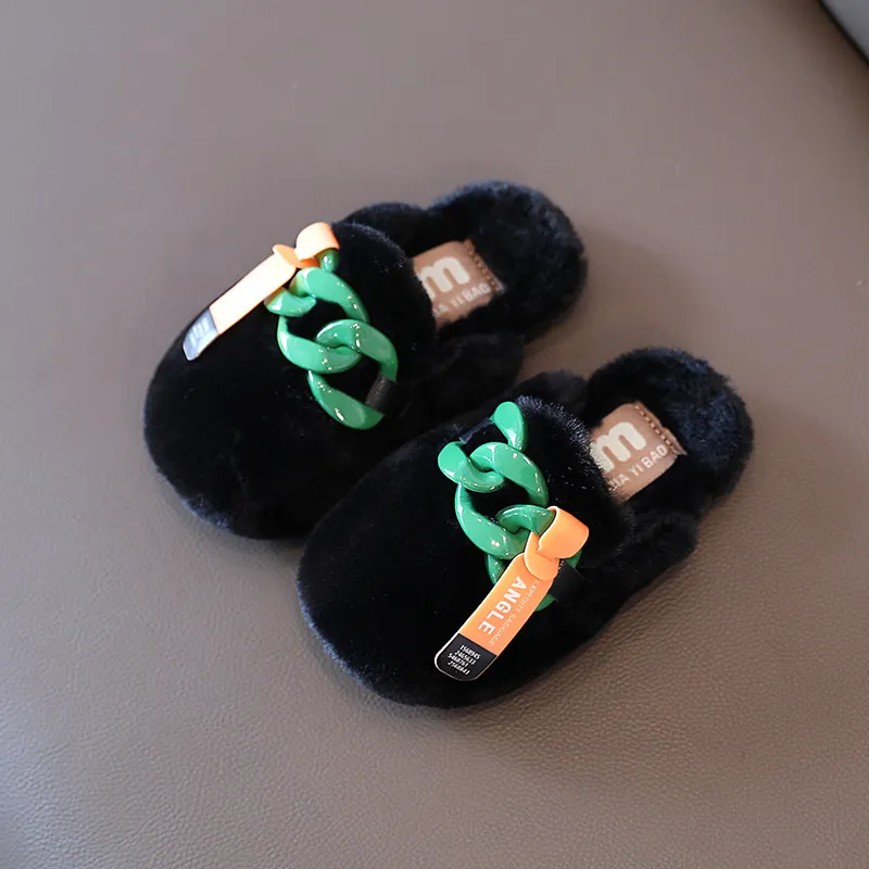 Детские тапочки, детская зимняя теплая цепочка с закрытым носком, обувь на плоской подошве из искусственного меха для девочек, пушистая домашняя обувь 220421