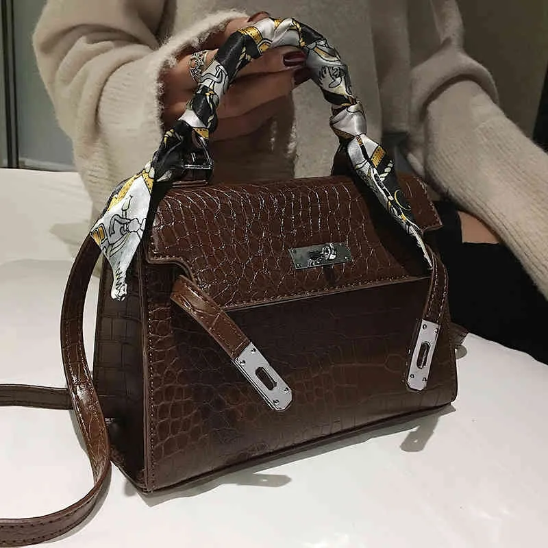 Purses Outlet Crocodile Pattern Women's New Sling One Shoulder Messenger Portable Buckle Silk Scarf Bag
