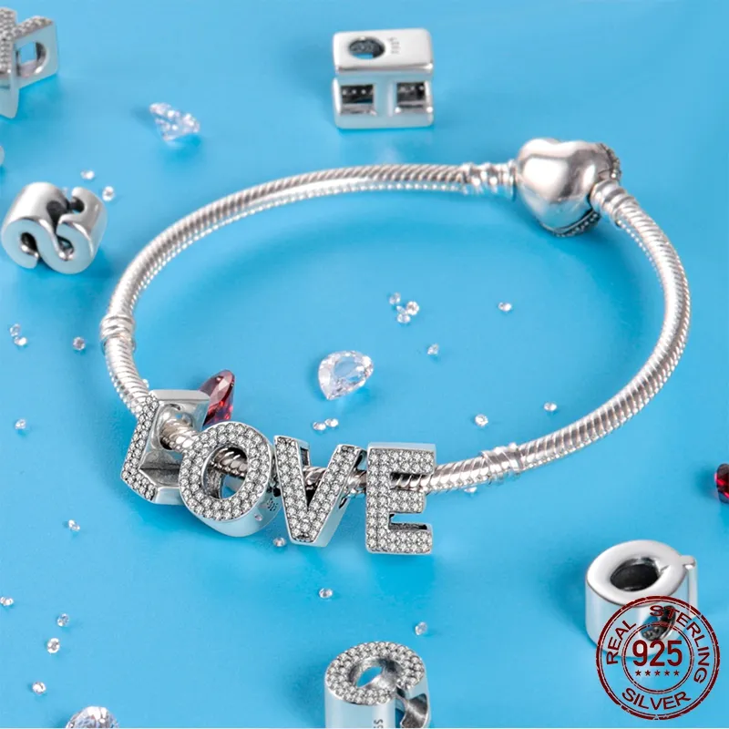 925 argento Fit Pandora Charms originali Ciondolo fai da te Bracciali da donna perline 26 Lettere dell'alfabeto A-Z Charms