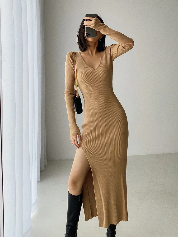 spring and winter sexy French slit sweater dress female slim tight-fitting hip-knit over-the-knee dresses 220406