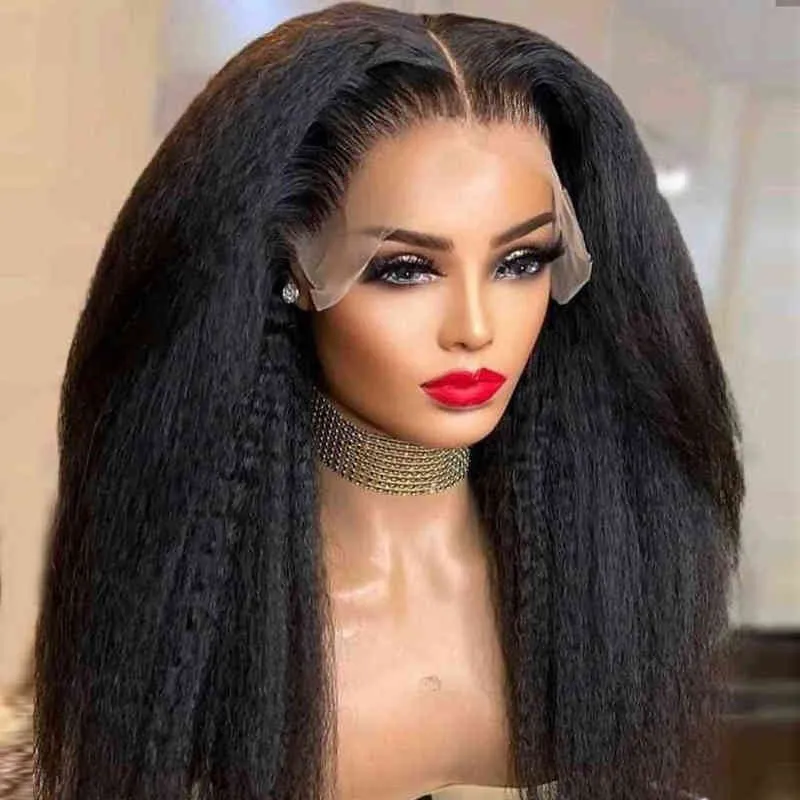 Natural Soft Black Yaki Straight Hair Wig for Women Line Kinky Long Afro Heat Resistant Fiber 220622