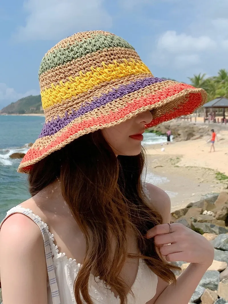 Femme Soleil Paille à la main arc-en-ciel à rayures Crochet Beach Boho Bucket Bucket 220727