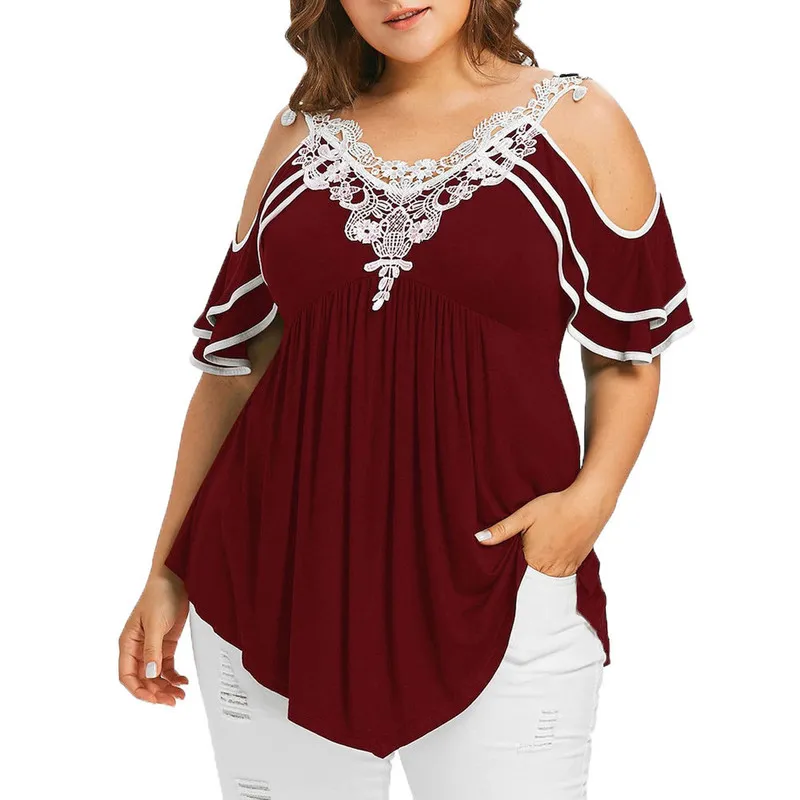 Luźne bluzki damskie topy uliczne zużycie na ramię koronkowe koszulki Tunikowe TUNIC TUNInikowe ubranie plus duży rozmiar 3xl 4xl 5xl 220526