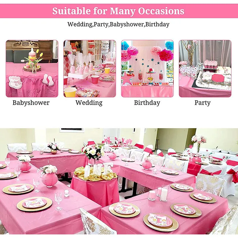 Pink Disposable Plastic Tablecloth and Table Skirts Set Stain Proof Table Cover For Baby Shower Girl Birthday Party Decor