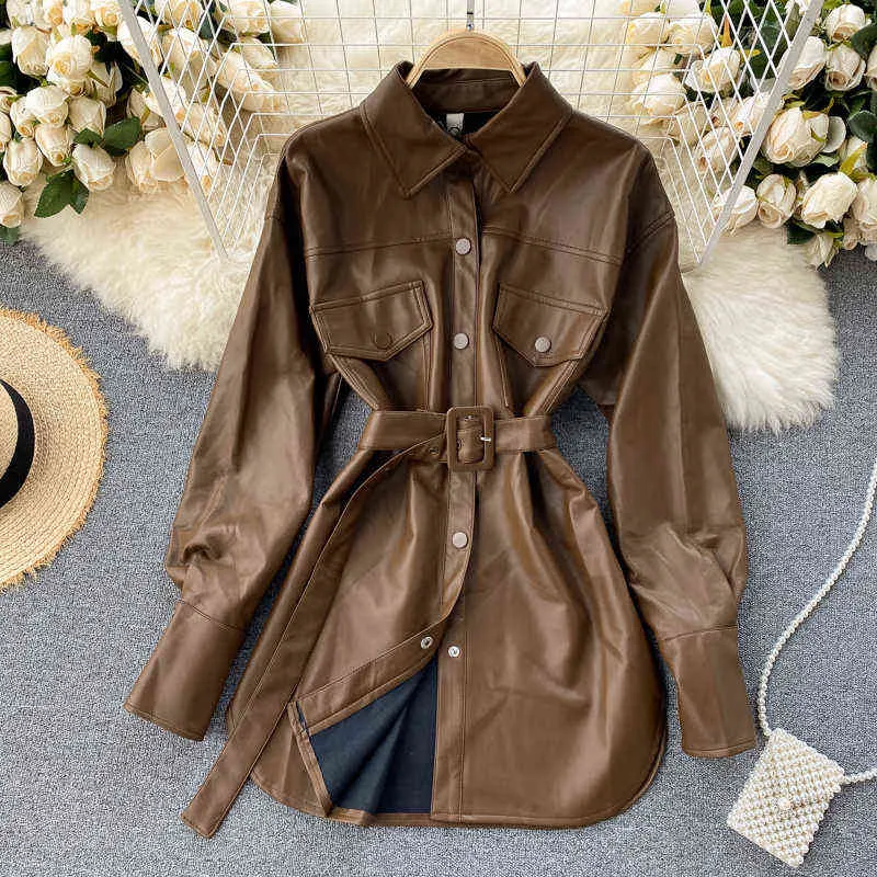 Fitaylor 2022 Nya Spring Women Pu Leather Jacket Fashion Single Breasted Lapel Leather Jacket With Belt Lady Shirt Jacket L220801