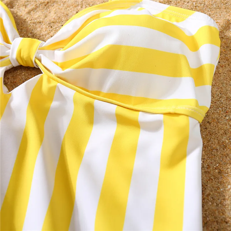 Yellow Stripe Family Matching Swimwear Women Kids Baby Girl Swimsuit Men Shorts Bathing Suit Mommy Me One peace Beachwear 220531