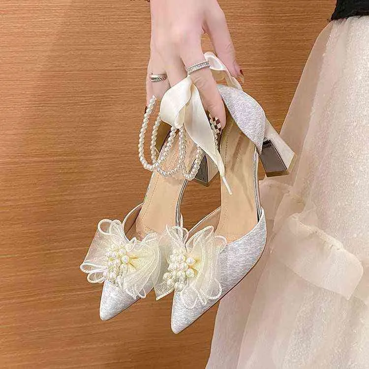 Белые ботинки с луком из бисера для женщин Сандалии 5 см Новые летние волшебные ветры.