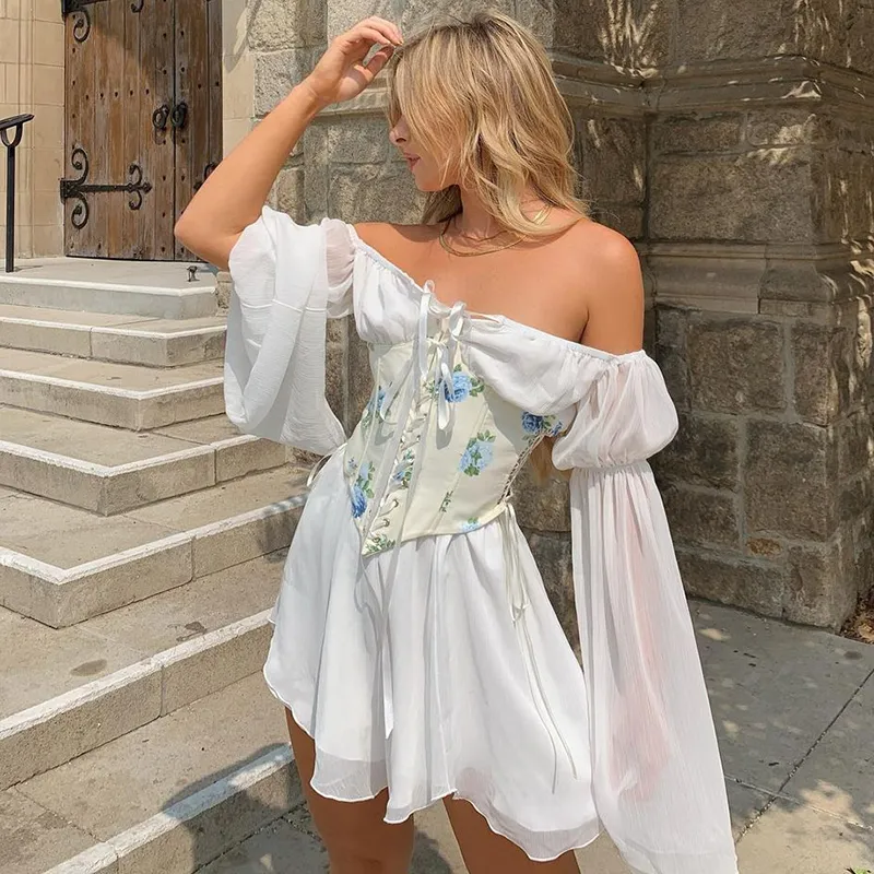 Iamsure Beach Style Vintage Chiffon Dress with Corset Bandage Hollow Out Bustier Prairie Chic Flare Sleeve Dresses Set 220409