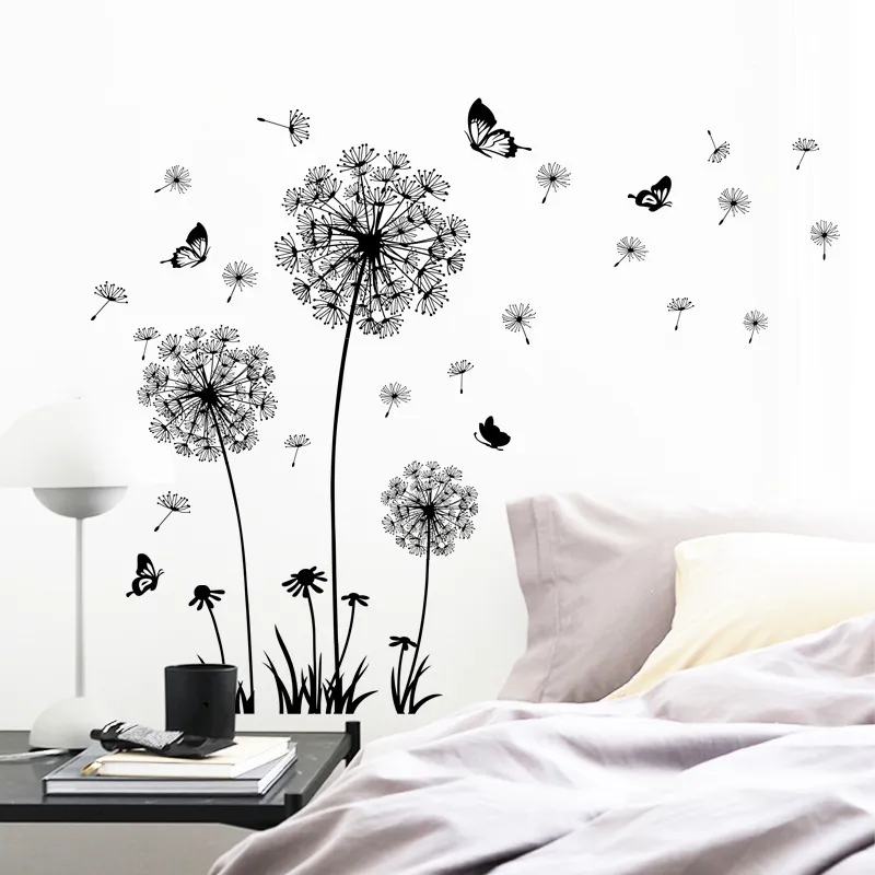 Black Dandelion Wall Sticker Butterflies on the Wall غرفة المعيشة غرفة نوم نافذة الديكور