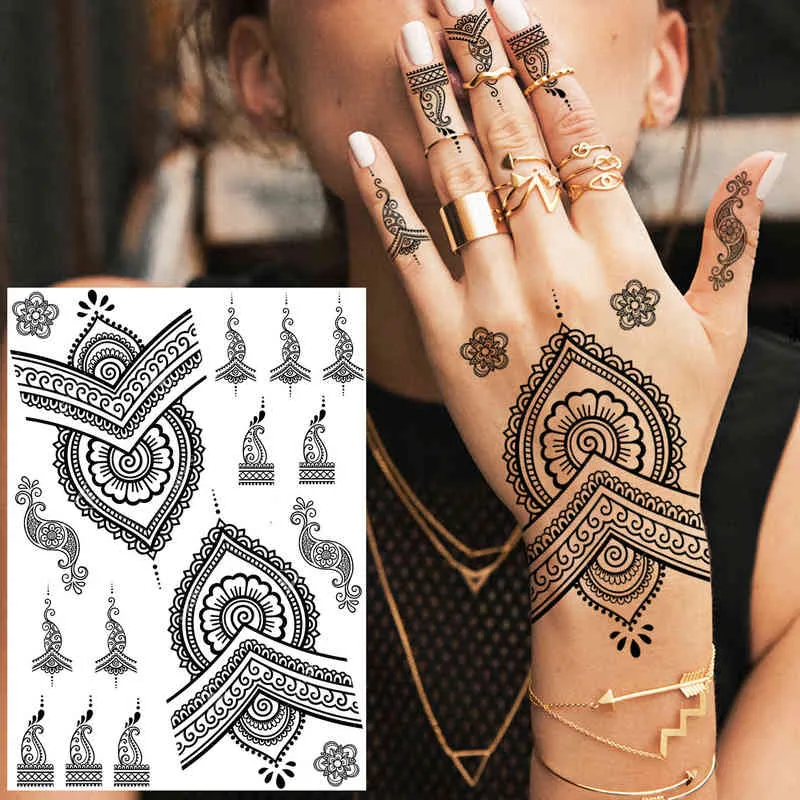 NXY Geçici Dövme REJASKI Siyah Kına Dantel Tattoos Sticker Kadınlar Için Kelebek Güve Mehndi Çiçek Sahte Dövme Tüy Flora 0330