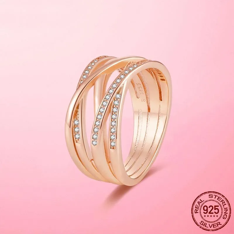 Brandneue 925 Sterling Silber Gold Ringe funkeln polierte Linien Rosépave Hochzeit Engagement DIY Originalschmuck für Frauen
