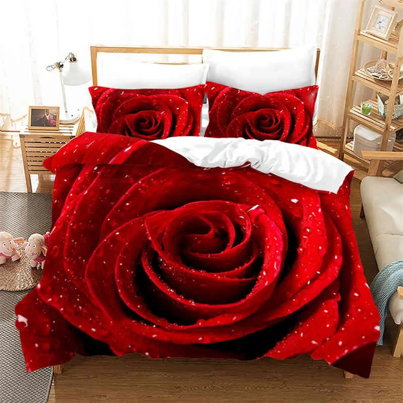 Gül çiçek yatak seti romantik tema nevres kapak çiçekleri, sevgililer günü için türböcekçi kral düğün yatak odası dekor